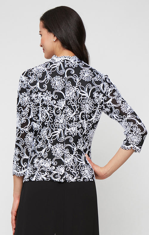 Plus 3/4 Sleeve Embroidered Blouse with Center Front Scallop Detail and Illusion Sleeves