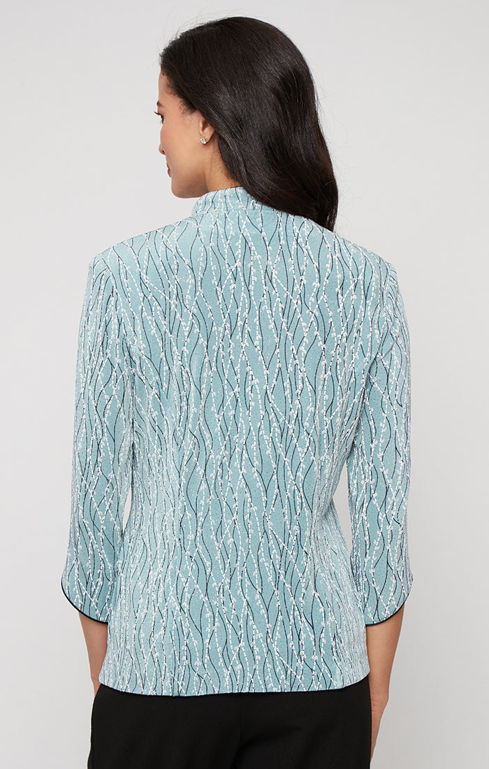 Plus Printed Mandarin Neck Glitter Knit Twinset with Scoop Neck Tank and Satin Piping Detail