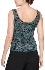 Plus 3/4 Sleeve Glitter Printed Mandarin Neck Twinset with Scoop Neck Tank