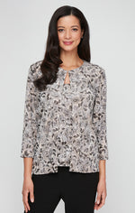 Plus 3/4 Sleeve Printed Glitter Slinky Twinset with Scoop Neck Tank and Hook Neck Closure Jacket