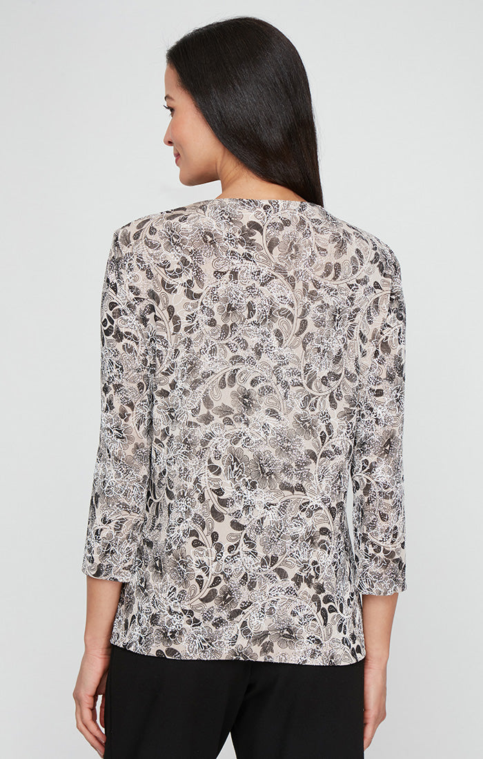 Plus 3/4 Sleeve Printed Glitter Slinky Twinset with Scoop Neck Tank and Hook Neck Closure Jacket