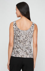 Plus 3/4 Sleeve Printed Glitter Slinky Twinset with Scoop Neck Tank and Hook Neck Closure Jacket