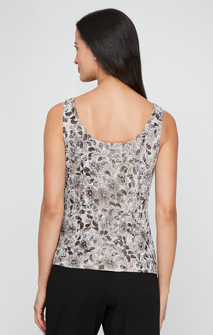 Plus 3/4 Sleeve Printed Glitter Slinky Twinset with Scoop Neck Tank and Hook Neck Closure Jacket