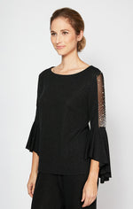 Metallic Knit Blouse With Beaded Illusion Detail and Cascade Bell Sleeves