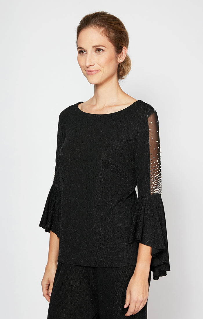 Petite Bell Sleeve Metallic Knit Blouse with Beaded Illusion Detail