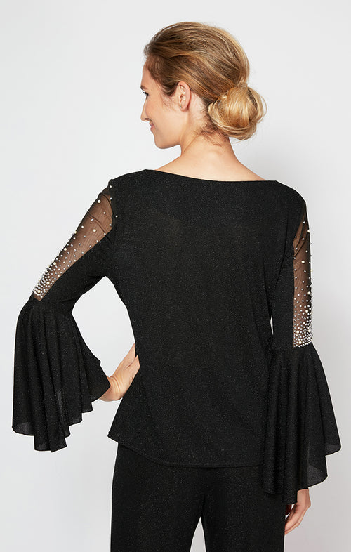 Petite Bell Sleeve Metallic Knit Blouse with Beaded Illusion Detail