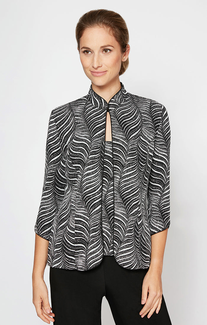 Petite 3/4 Sleeve Glitter Printed Twinset With Mandarin Neck Jacket and Scoop Neck Tank