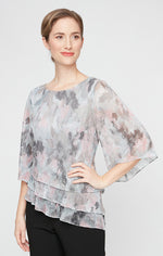 3/4 Sleeve Metallic Printed Blouse with Asymmetric Triple Tier Hem