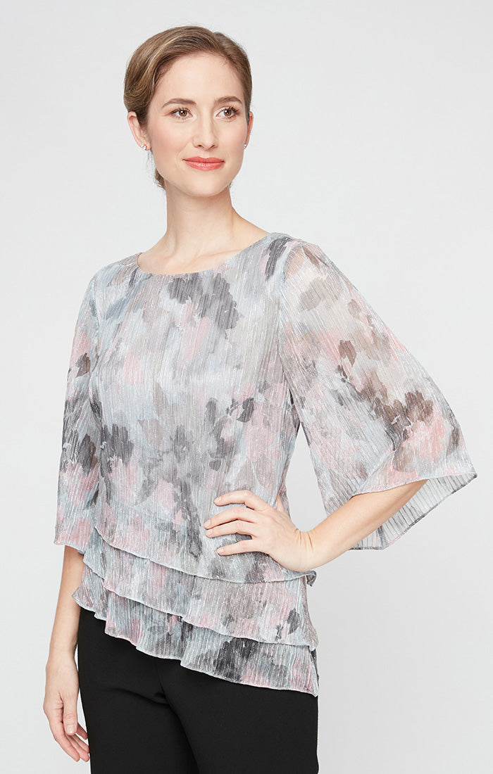 3/4 Sleeve Metallic Printed Blouse with Asymmetric Triple Tier Hem