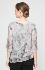 3/4 Sleeve Metallic Printed Blouse with Asymmetric Triple Tier Hem