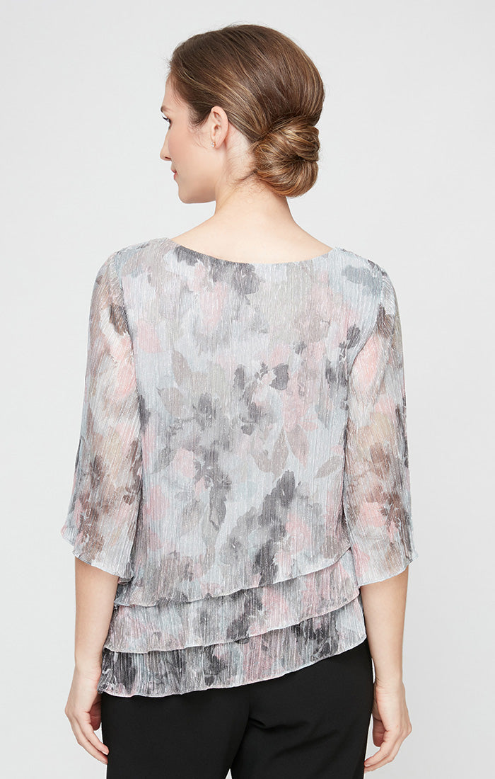 3/4 Sleeve Metallic Printed Blouse with Asymmetric Triple Tier Hem