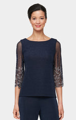 3/4 Sleeve Metallic Knit Blouse with Illusion Heat Set Sleeves