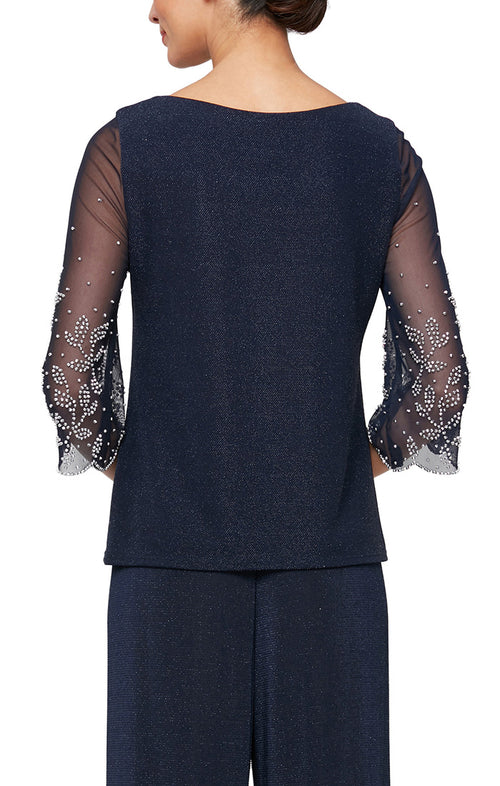 Plus 3/4 Sleeve Metallic Knit Blouse with Illusion Heat Set Sleeves