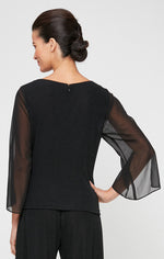 3/4 Sleeve Metallic Knit Blouse with Beaded Detail at Hip & Chiffon Sleeves