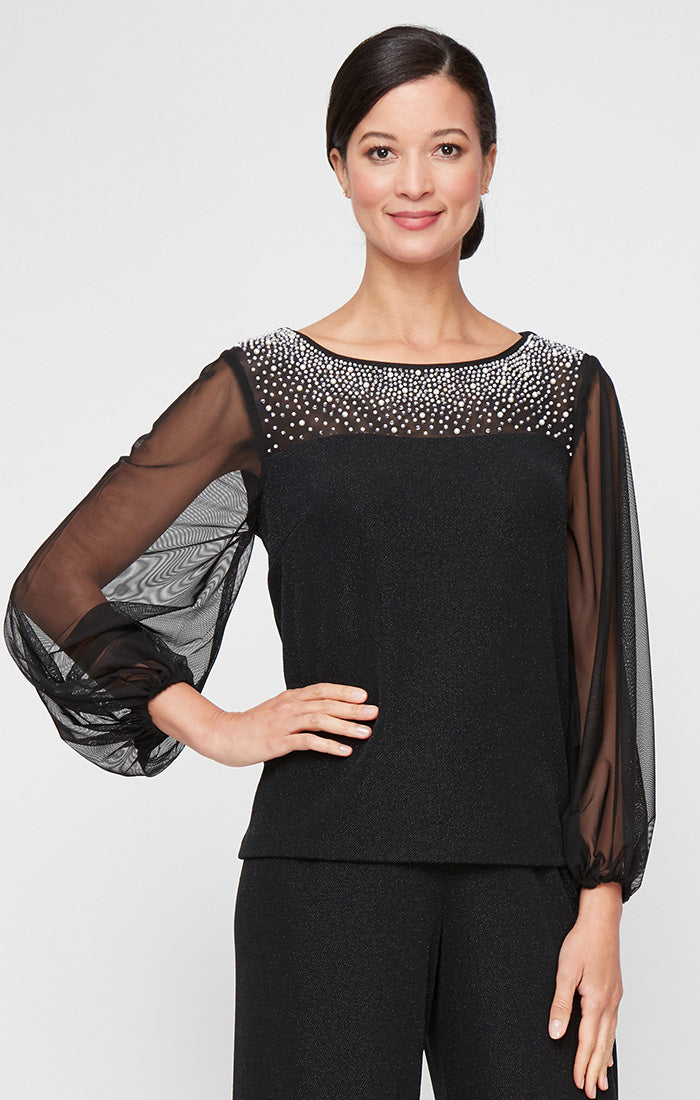 3/4 Sleeve Blouse with Heat Set Illusion Neckline and Illusion Sleeves