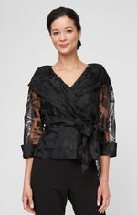 Portrait Collar Organza Blouse with Illusion Sleeves & Belt