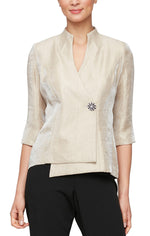 3/4 Sleeve Blouse with Asymmetric Overlay Hem and Embellished Closure