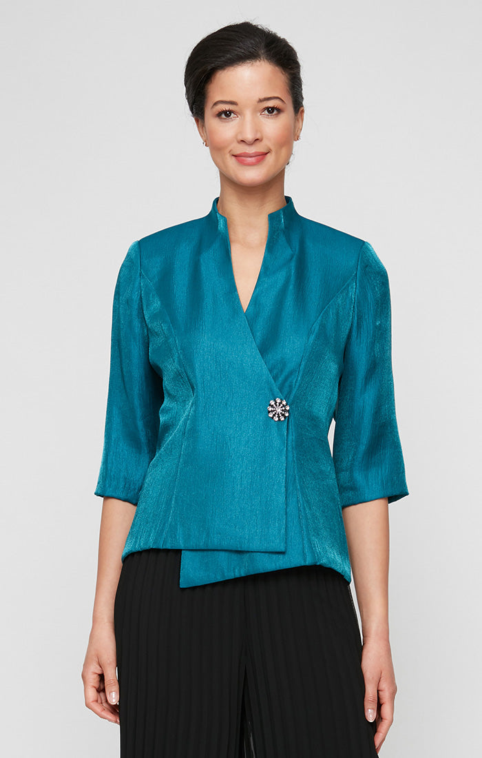 Petite - 3/4 Sleeve Shimmer Satin Blouse with Asymmetric Overlay Hem and Embellished Closure