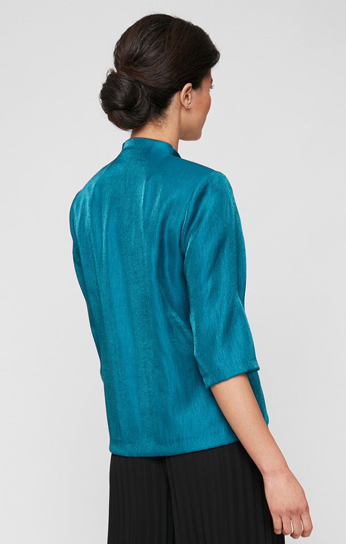 Petite - 3/4 Sleeve Shimmer Satin Blouse with Asymmetric Overlay Hem and Embellished Closure