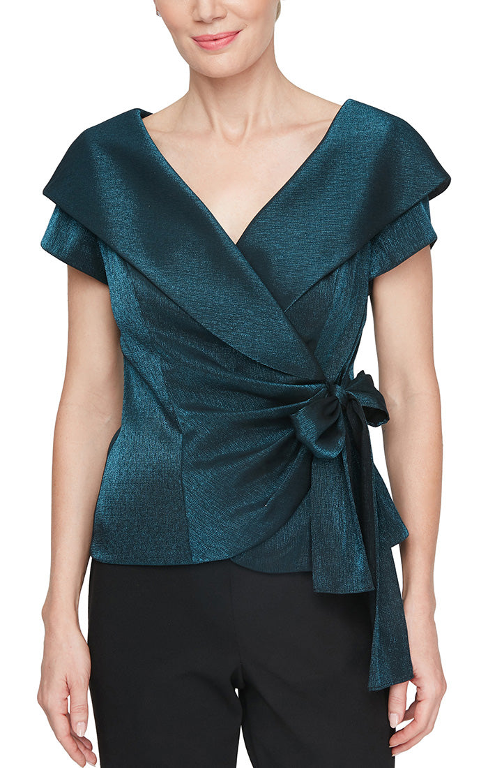 Portrait Collar Stretch Shimmer Blouse with Short Sleeves & Side Tie Closure