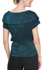 Portrait Collar Stretch Shimmer Blouse with Short Sleeves & Side Tie Closure