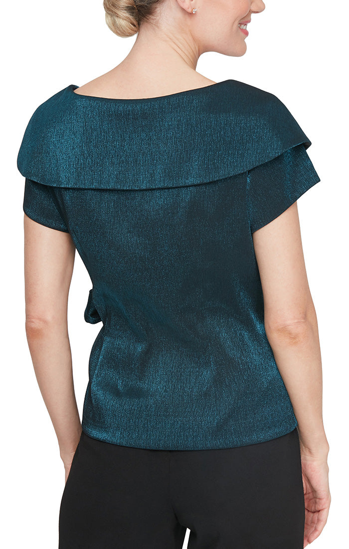 Portrait Collar Stretch Shimmer Blouse with Short Sleeves & Side Tie Closure