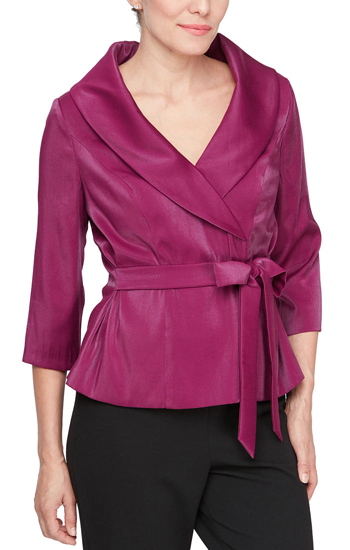 3/4 Sleeve Side-Tie Shimmer Blouse with Collar