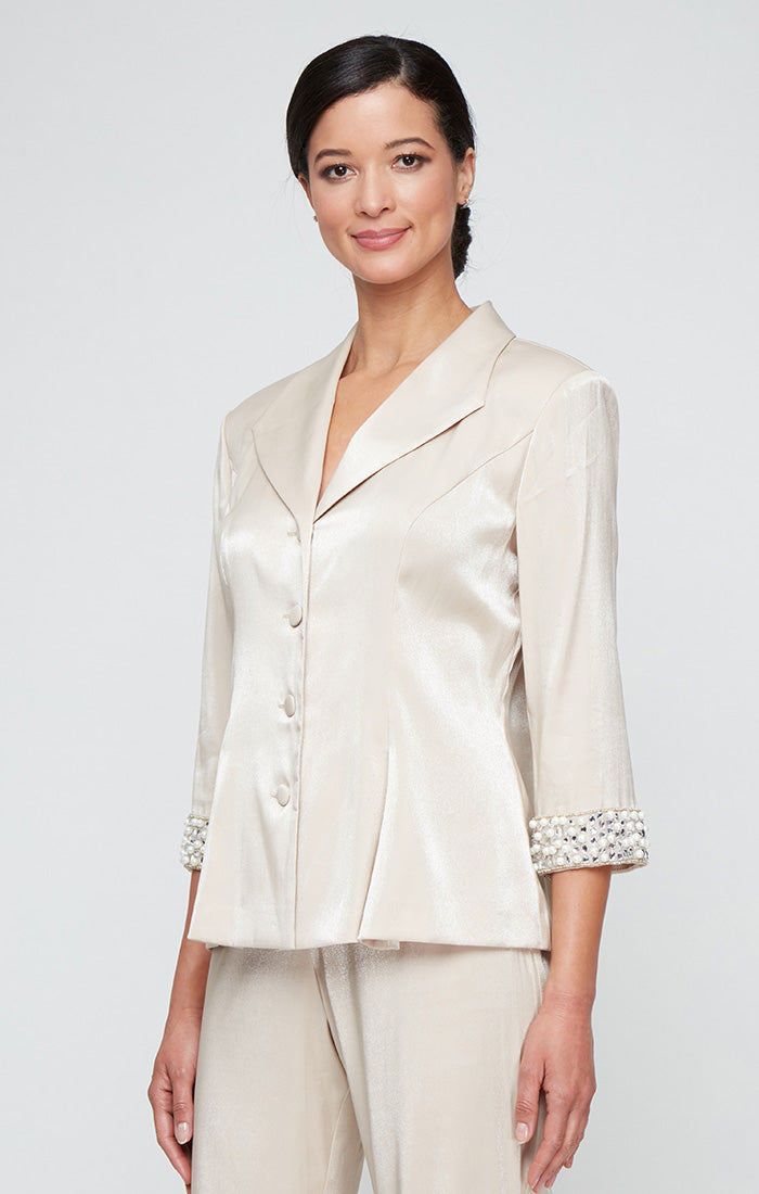 3/4 Sleeve Stretch Shimmer Blouse with Beaded Cuffs and Center Front Button Closure