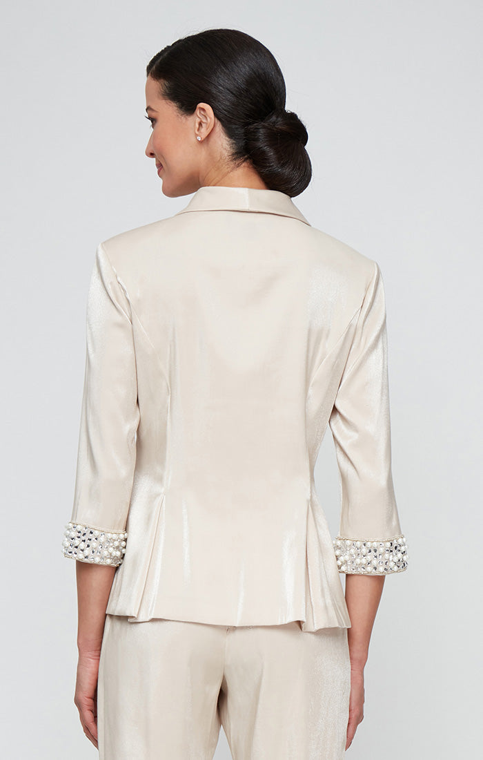 3/4 Sleeve Stretch Shimmer Blouse with Beaded Cuffs and Center Front Button Closure