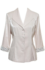 3/4 Sleeve Stretch Shimmer Blouse with Beaded Cuffs and Center Front Button Closure