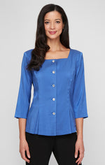 Stretch Shimmer Blouse with Square Neckline and Center Front Button Closure