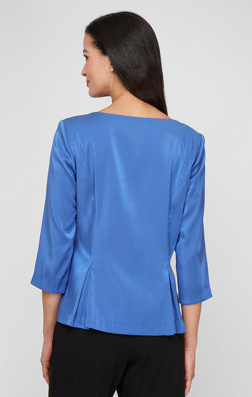 Stretch Shimmer Blouse with Square Neckline and Center Front Button Closure