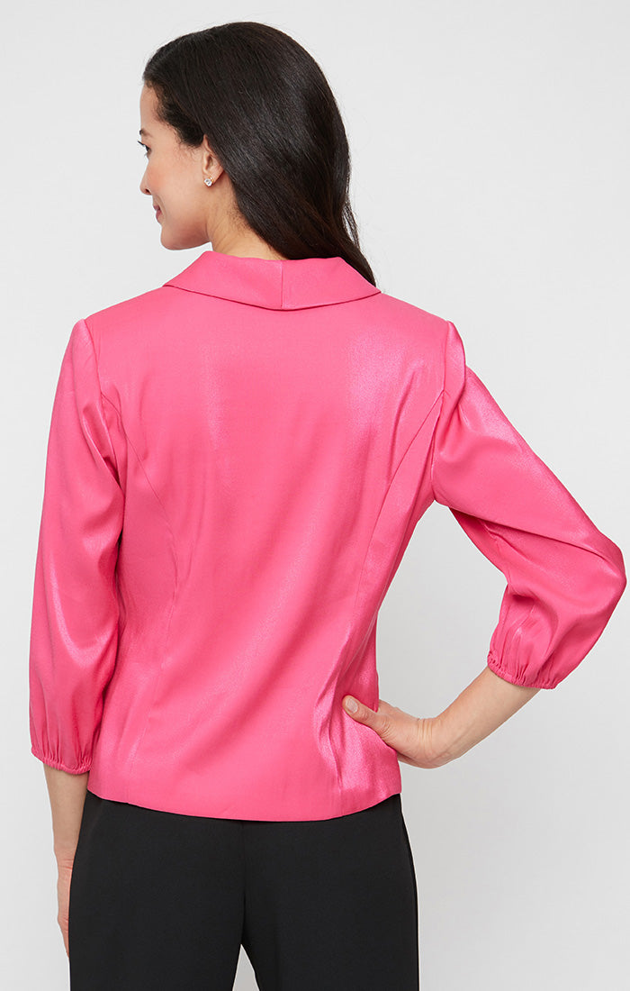 3/4 Sleeve Stretch Shimmer Blouse with Collar and Center Front Button Closure