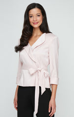 3/4 Sleeve Surplice Blouse with Collar and Tie Belt