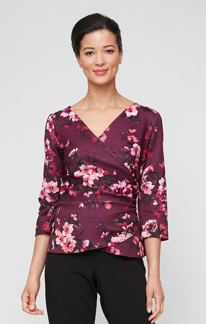 Regular - Printed Surplice Neckline Crepe Blouse with 3/4 Sleeves