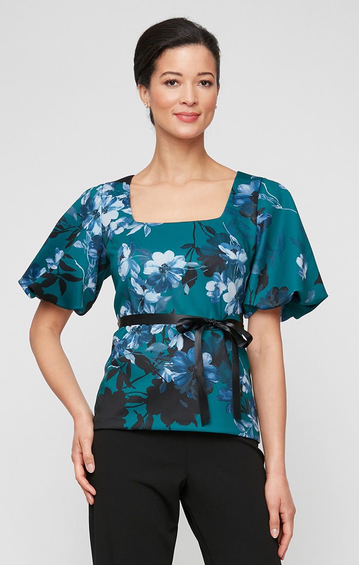 Regular - Printed Crepe Square Neck Blouse with Short Puff Detail Sleeves