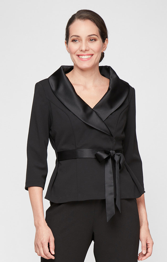 3/4 Sleeve Stretch Crepe Blouse with Satin Collar and Tie Waist Detail