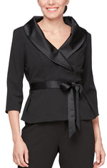 Petite 3/4 Sleeve Crepe Blouse with Satin Collar and Tie Waist Detail