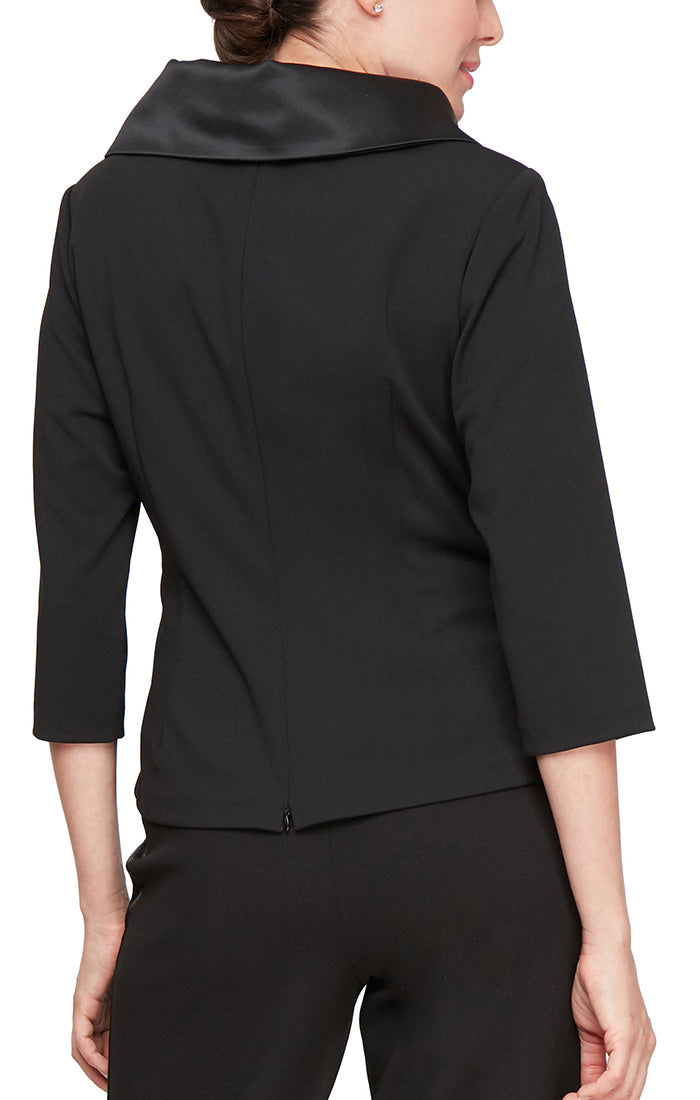 3/4 Sleeve Stretch Crepe Blouse with Satin Collar and Tie Waist Detail