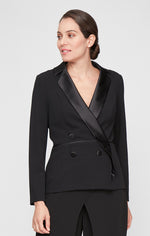 Long Sleeve Tuxedo Blouse with Side Closure, Satin Collar and Button Detail