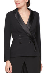 Petite Long Sleeve Tuxedo Blouse with Side Closure, Satin Collar and Button Detail