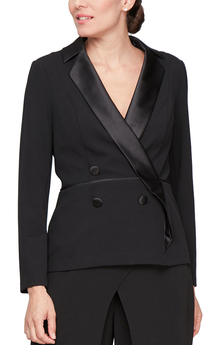 Petite Long Sleeve Tuxedo Blouse with Side Closure, Satin Collar and Button Detail