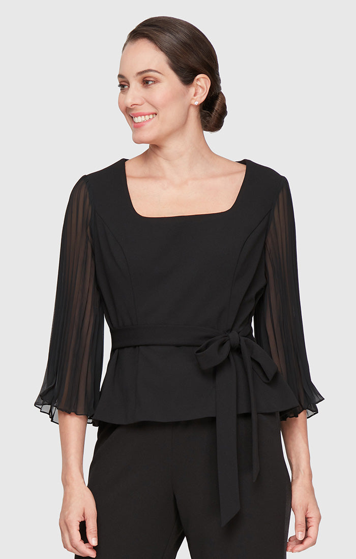 3/4 Sleeve Scoop Neck Blouse with Pleated Illusion Sleeves and Tie Belt