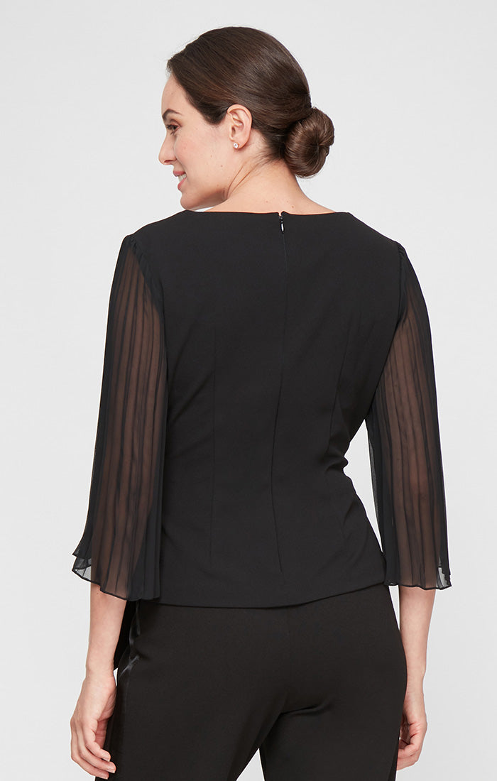 3/4 Sleeve Scoop Neck Blouse with Pleated Illusion Sleeves and Tie Belt