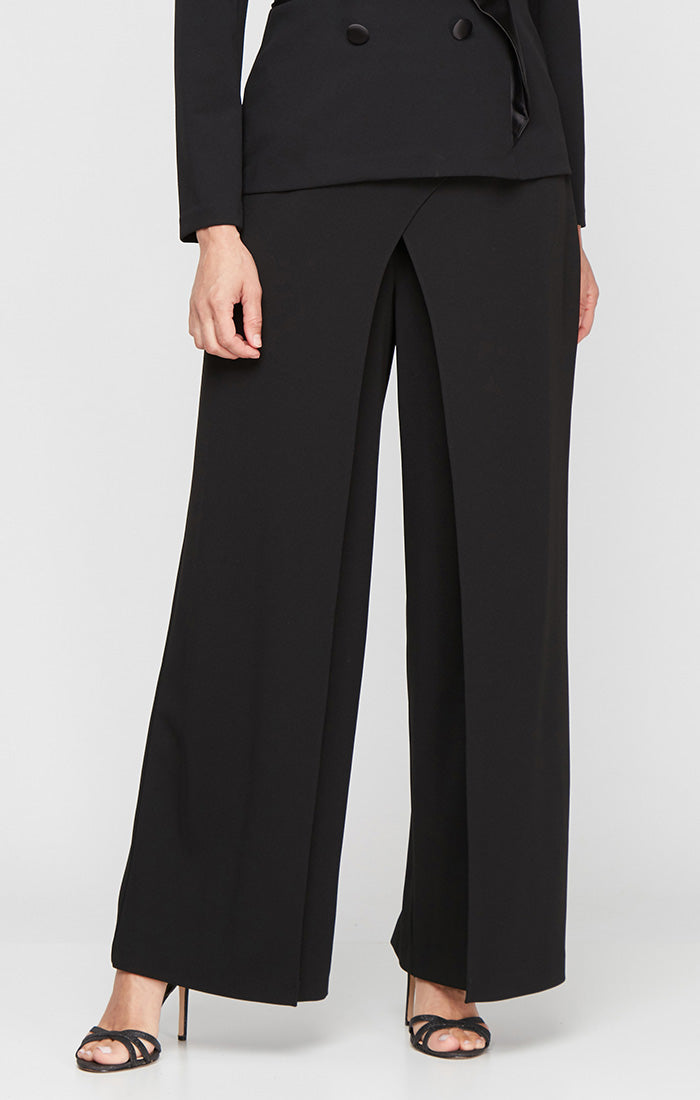 Wide Leg Crepe Pant with Skirt Panel Overlay