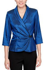 Plus 3/4 Sleeve Taffeta Blouse with Collar and Decorative Side Closure