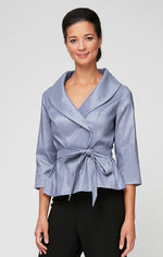 3/4 Sleeve Surplice Stretch Taffeta Blouse with Tie Waist Detail