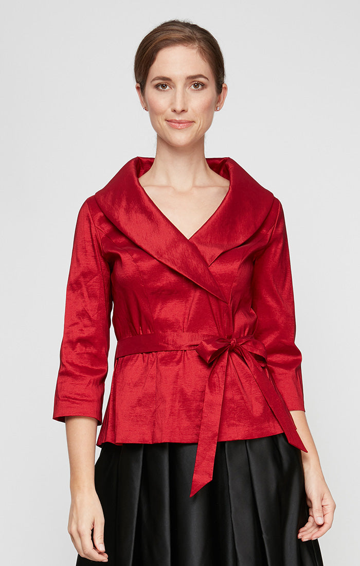 3/4 Sleeve Stretch Taffeta Blouse with Tie Waist Detail