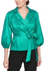 3/4 Sleeve Surplice Stretch Taffeta Blouse with Collar, Balloon Hem Sleeve and Tie Belt