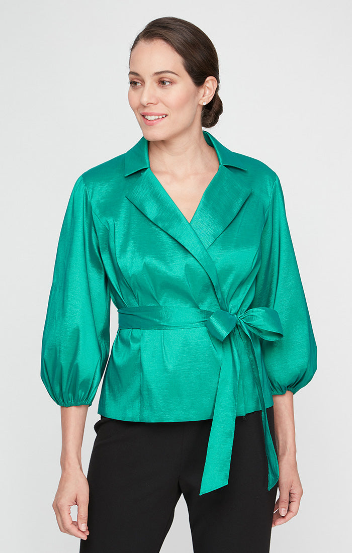 3/4 Sleeve Surplice Stretch Taffeta Blouse with Collar, Balloon Hem Sleeve and Tie Belt